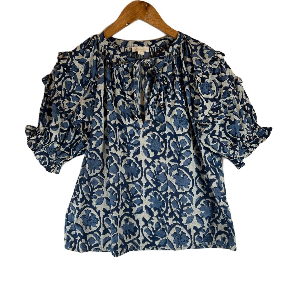 Jennifer Grace Blue Floral Block Print Cotton Ruffle Puff Sleeve Blouse Small